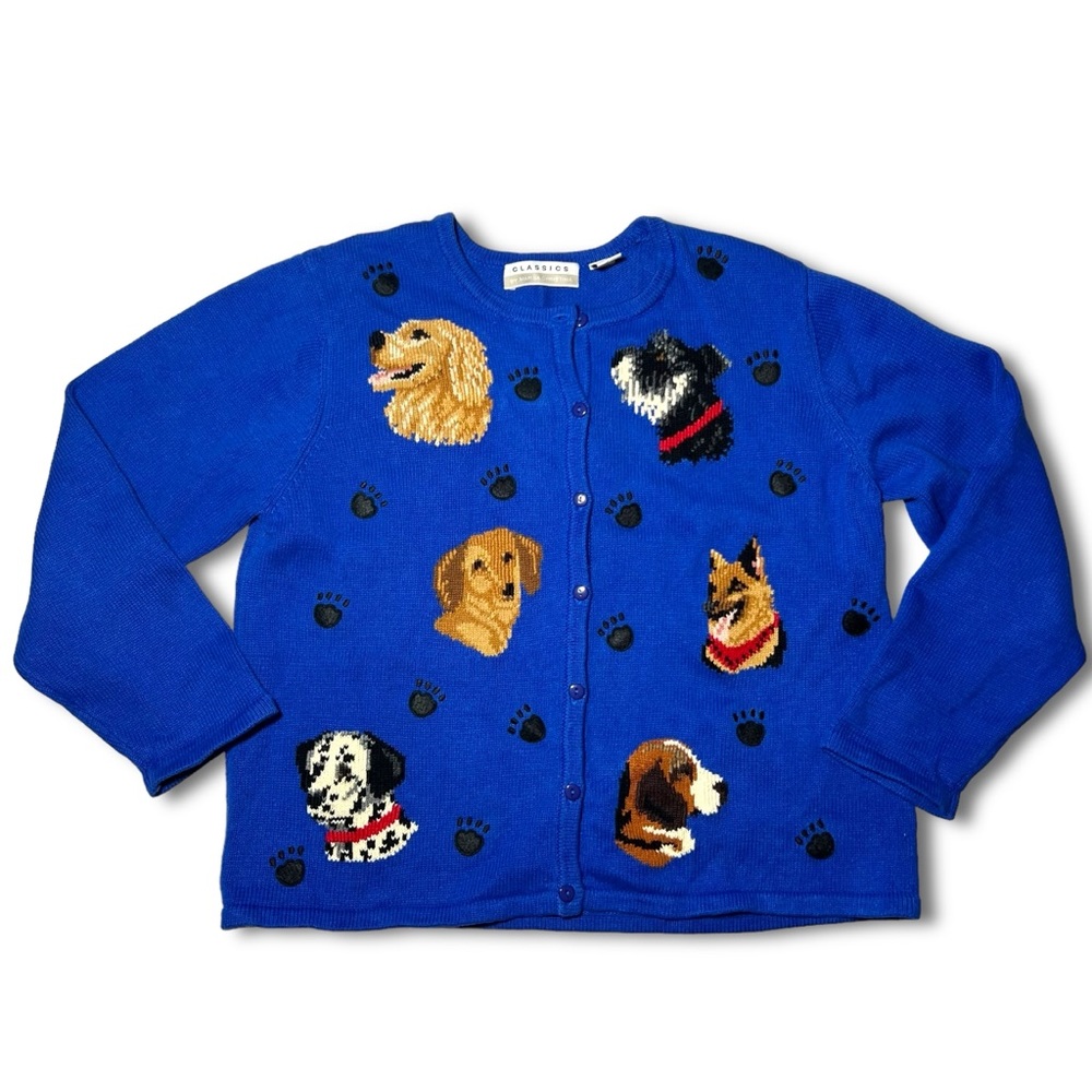 SOLD Blue Cardigan Sweater Dogs 1990s 2000s Vintage Marisa Christina Paw Prints